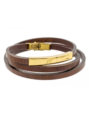 Moora Brązowa bransoleta skórzana ze złotym elementem ze stali szlachetnej* Bransolety