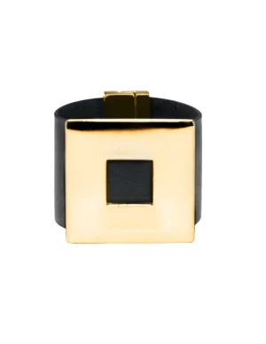 Moora Czarna szeroka bransoleta ze skóry oraz stali ze złotym kwadratem* Bransolety